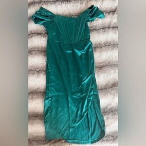 Bella Elegant Off the Shoulder Corset Dark Green M Satin Dress